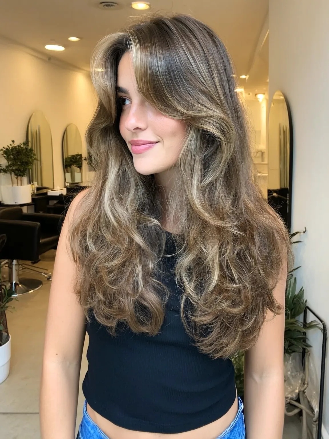 Voluminous Long Wavy Layers with Caramel Balayage and Curtain Bangs